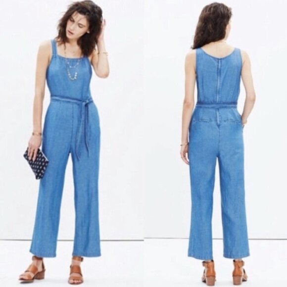 Madewell Blue Cotton Linen Chambray Muralist Wide Leg Jumpsuit with Belt Size 0 - Picture 6 of 16